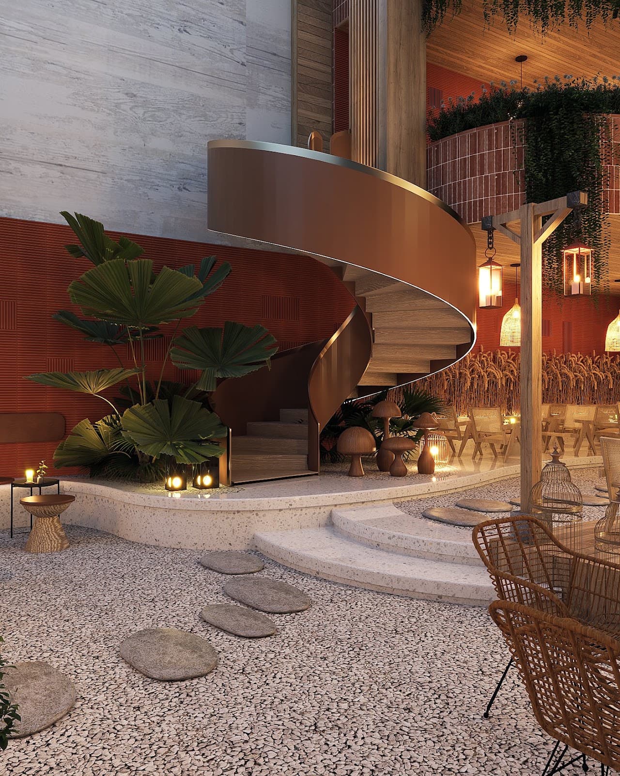 Ultra-modern glass office building interior with organic shapes and floating staircase, golden hour lighting